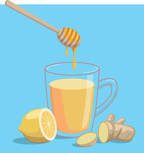 Ginger Lemon Tea In Glass Cup With Honey Isolated On Blue. Ginger Root, Lemon Slice, Honey. Vector Illustration Of Hot Drink In Flat Simple Cartoon Style.