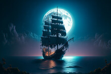 Pirate Ship At Night With Large Moon. Generative AI