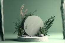 A Marble Sculpture With A Plant Growing Out Of It's Base And A Green Background With A Fern.