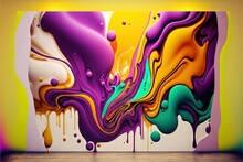 A Painting Of A Multicolored Abstract Design On A Wall With A Wooden Floor In Front Of It.