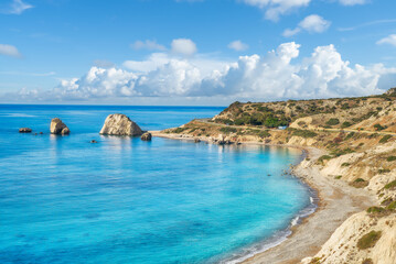 Wall Mural - landscape with petra tou romiou (aphrodite's beach and rock) in pafos, cyprus