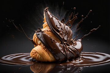 Poster - a chocolate dessert is being poured onto the ground with chocolate sauce on it and it's chocolate filling.