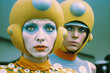 Actors in a retro sci-fi television show from the 1970s. They are wearing cheesy costumes and elaborate makeup. Created with generative AI.