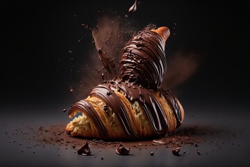 Sticker - a chocolate covered pastry is being tossed with chocolate sauce and chocolate chips on a black background with a splash of chocolate.