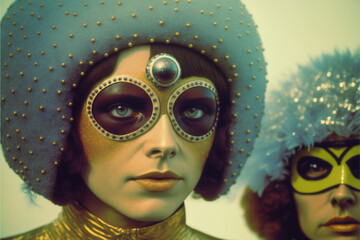 Actors in a retro sci-fi television show from the 1970s. They are wearing cheesy costumes and elaborate makeup. Created with generative AI.