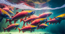 School Of Red Sockeye Salmon Fish Swimming Upstream In A River. Created With Generative AI. 