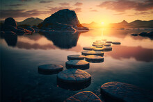 Stepping Stones In Water Leading Towards A Beautiful Sunset. 