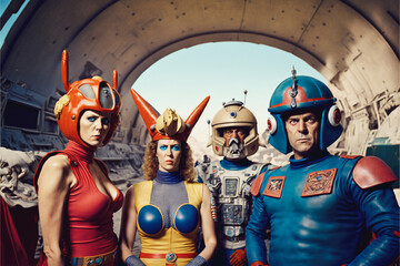 Wall Mural - Group of television in costume while at studio filming science fiction show. The sci-fi actors could also be on a movie set for space film. Created with generative AI. 