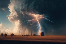 A Storm Is Coming In Over A Field With Windmills And Wind Mills In The Background And A Large Cloud Of Lightning.