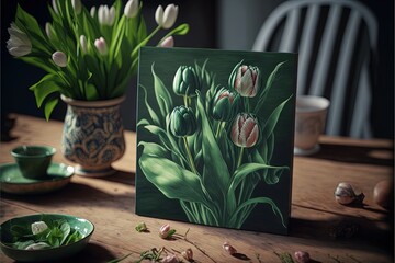 Sticker - a painting of flowers on a table with a vase of flowers in the background and a plate of flowers on the table.