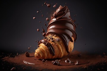 Poster - a pastry with chocolate sauce and chocolate chips falling off it's side into the air with chocolate 