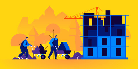 Aufkleber - Builders working on construction site. Pair of workers using wheelbarrows to carry bricks and constructing building. City engineering, urban development. Flat illustration.