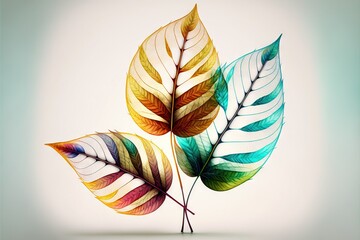 a colorful leaf is on a stem with a light background behind it and a shadow of a plant on the side.