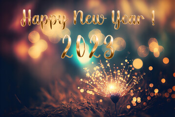 Wall Mural - Happy new year 2023 with sparkles on blurred bokeh lights background, holiday greeting card
