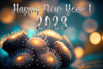 Wall Mural - Happy new year 2023 with sparkles on blurred bokeh lights background, holiday greeting card