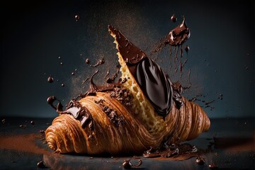 Poster - a chocolate pastry is falling into the chocolate syrup on the table.