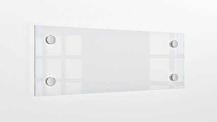 Closeup of wall-mounted blank glass nameplate. 3d illustration.