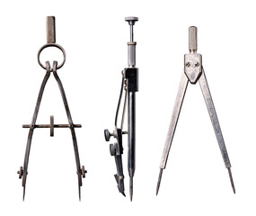 Three types of different compasses for drawing circles on an isolated background.