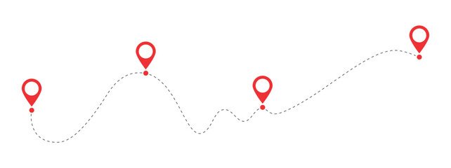 Aufkleber - Route location icon, four pin sign and dotted line road, start and end journey symbol, black and red color vector illustration isolated on white background.