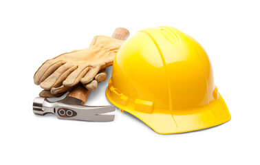 Transparent PNG Yellow Hard Hat, Work Gloves and Hammer.