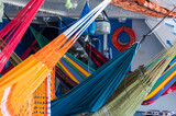 Fototapeta Paryż - Hammocks hanged on the cruise on the Rio Amazons on the way to Belem from Manaus in Brazil