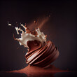 Cocoa powder, milk and pieces of chocolate, isolated on black background.