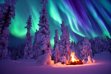 northern lights over the winter forest and campfire. aurora borealis with starry in the night sky. f