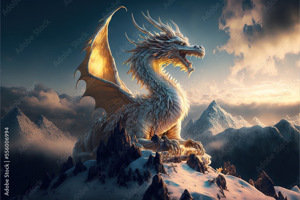 A stunning white dragon on a mountain top whilst overlooking the