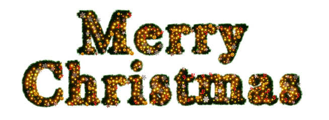 Sticker -  Beautiful christmas graphic element of sparkling illumination on text Merry Christmas made of pine with snowflake and shiny stars and red berries on transparent background (RGBA 3D Rendering PNG)