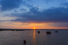Sun Reflected In Water At Sunset On Lake Neusiedl In Burgenland, Austria
