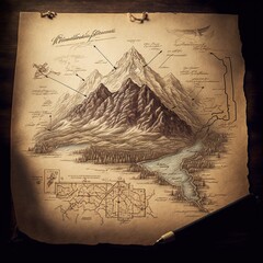 A fantasy map that centers around a mountain that shows electricity running through the center of it.