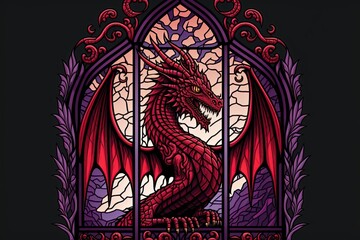 Wall Mural - A stunning red dragon design in a stained glass window