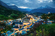 Aerial panorama of an alpine cozy town of Berchtesgaden in Upper Bavaria at autumn night, Germany