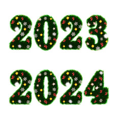 Sticker - Beautiful christmas wreath like font numbers in the shape of 2023 2024 with shiny orbs and stars and snowflakes on transparent background (3D Rendering)	