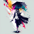 Bold Digital Illustration with Vibrant Colorful Umbrella and Splashes of Rain - Playful Art with Paint Splotches and Brush Strokes for Rainy Days