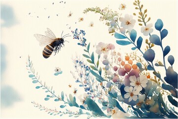 Beautiful bees watercolor illustration made with Generative AI
