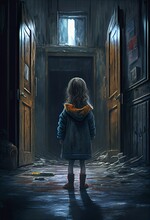 Little Girl Looking Back Into A Dark Hallway, Old Building Scary, Eerie, Halloween, Generative Ai