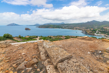 View from the ancient Poseidon Temple in the hills of Cape Sounion on the Athenian Riviera near Athens, Greece.