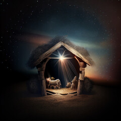 Nativity scene, Jesus, manger, illuminated in the dark of night 



