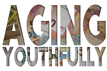 Poster - Aging Youthfully word with money. Paper currency background with different banknotes.
