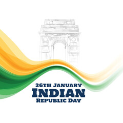 Wall Mural - wavy indian flag with india gate sketch for republic day