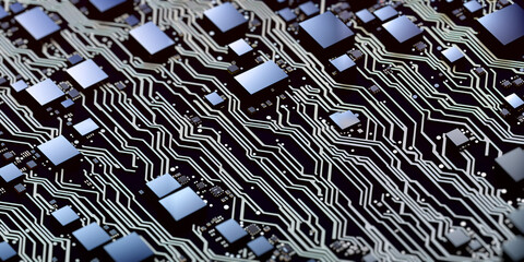 Poster - inner workings of a computer in a sleek and modern design, featuring microchips, transistors, circui