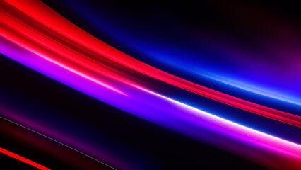 Poster - neon red and blue abstract background featuring colorful lines and curved forms, with a diagonal com