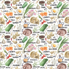 Ingredients for traditional Asian soup seamless watercolor pattern. Ramen ingredients with captions seamless pattern in sketch style. Texture for menus, cafes, restaurants, street food packaging.