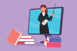 © onetime - Character flat drawing beauty female teacher teaching, half of her body is out of computer monitor screen with pile of book. internet class. Online learning concept. Cartoon design vector illustration