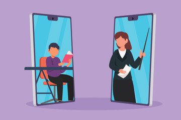 Wall Mural - Graphic flat design drawing two smartphone are standing in front of each other, one side contain male student studying and the other contains female teacher teaching. Cartoon style vector illustration