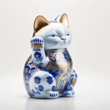 Maneki Neko Cat In Blue Chinese Porcelain Style Illustration Made With Generative AI
