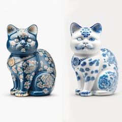 Wall Mural - Maneki neko cat in blue Chinese porcelain style illustration made with Generative AI
