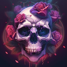  A Skull With Roses On It's Head And A Circle Around It's Neck.