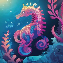  A Colorful Sea Horse Is Standing In The Water With Corals And Seaweed Around It.